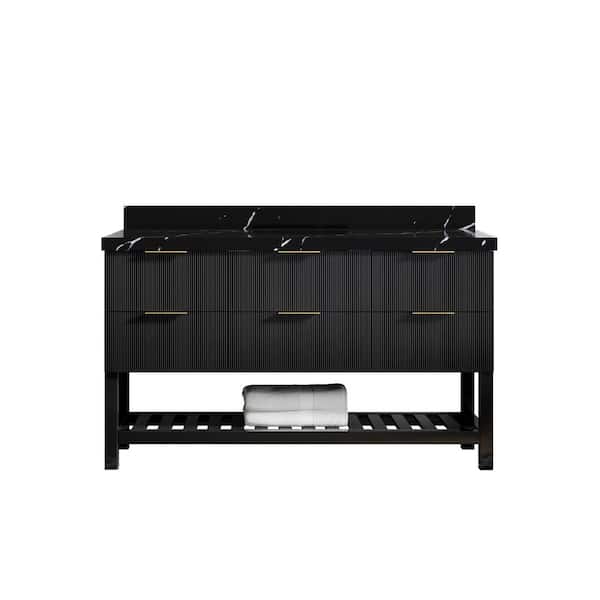 Willow Collections Catalina 60 in. W x 22 in. D x 36 in. H Single Sink Bath Vanity in Black with 2 in. Calcutta Black Top