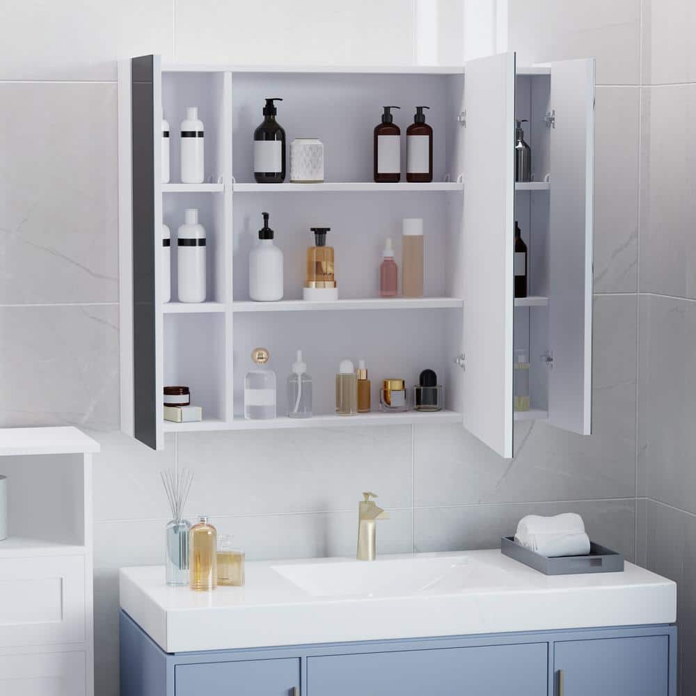 White LED Wall-Mounted Medicine Cabinet with Mirror and USB Charging