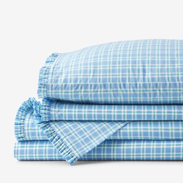 Company Cotton Sunshine & Blooms Blue/Green Plaid Cotton Percale Twin Sheet Set