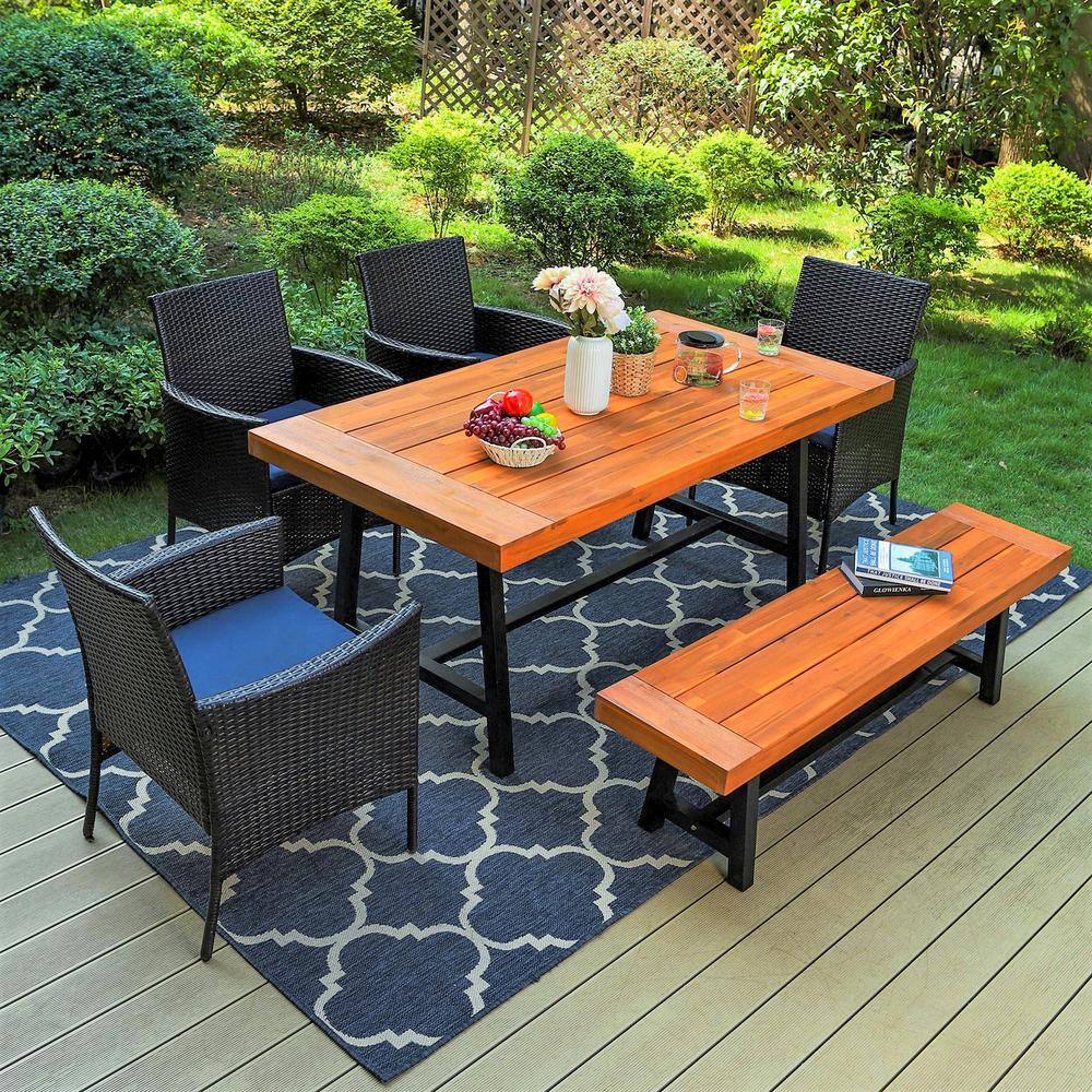 PHI VILLA Black 6Piece Metal Patio Acacia Wood Outdoor Dining Set with