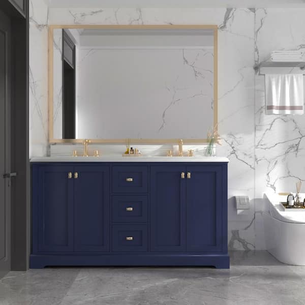 FUNKOL 22.4 in. W x 60 in. H 2 Sink Bathroom Vanity Cabinet 3-Drawers and 2-Double Door Cabinets Marble Countertop,Navy Blue