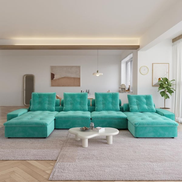 181 in. Square Arm U-Shaped 6-Piece Frosted Velvet Cloud Modular Sectional Sofa with Ottoman in. Tiffany Blue