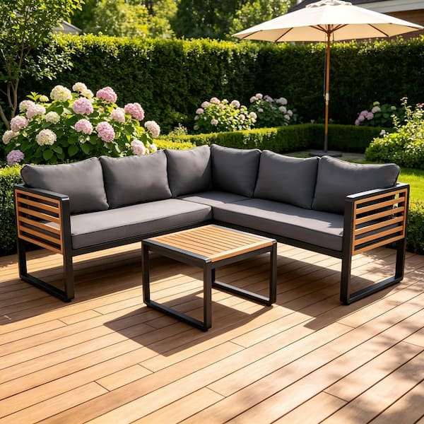 4-Piece Wood and Metal Frame Outdoor Patio L-shaped Chat Sectional Sofa Set with Soft Gray Cushion and Coffee Table