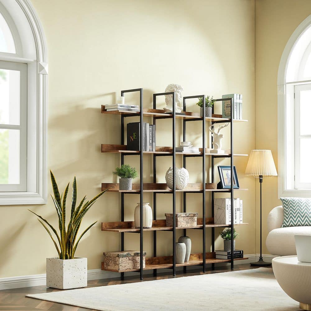 70.9 in. Tall Dark Brown 5-Tier Home Office Bookshelf, MDF 5-Shelf Vintage Industrial Style Bookcase with Open Storage