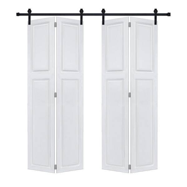 Dual 2Panel Cottagestyle Bi-Fold door 3/4 in. Thick 42 in. x 84 in. MDF White Barn Sliding Door With Hardware Kit
