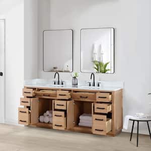 Gavino 84 in.W x 22 in.D x 34 in.H Bath Vanity in Light Brown with Grain White Composite Stone Top and Mirror