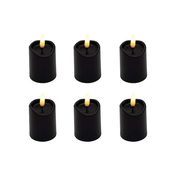 LUMABASE Battery Operated 3D Wick Flame Mini Pillars, Black - Set of 6