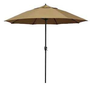 9 ft. Bronze Aluminum Market Patio Umbrella with Fiberglass Ribs and Auto Tilt in Linen Sesame Sunbrella