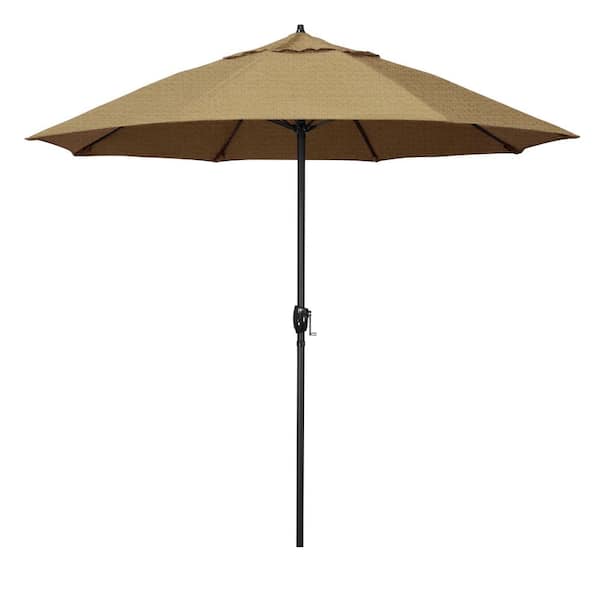 California Umbrella 9 ft. Bronze Aluminum Market Patio Umbrella with Fiberglass Ribs and Auto Tilt in Linen Sesame Sunbrella
