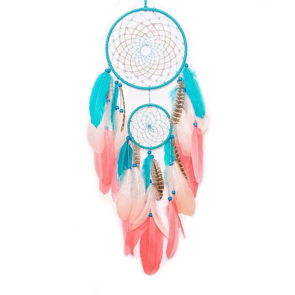 30.7 in. x 7.9 in. Handmade Dream Catcher with Pink and Blue