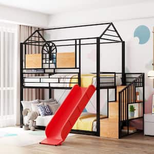 Black Twin Over Twin Metal Bunk Bed, Metal Housebed with Slide and Storage Stair with Red Slide