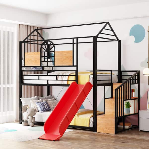 Black Twin Over Twin Metal Bunk Bed, Metal Housebed with Slide and Storage Stair with Red Slide