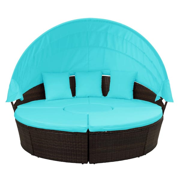 Unbranded Wicker Outdoor Day Bed with Retractable Canopy, Separate Seating and Removable Cushion Blue