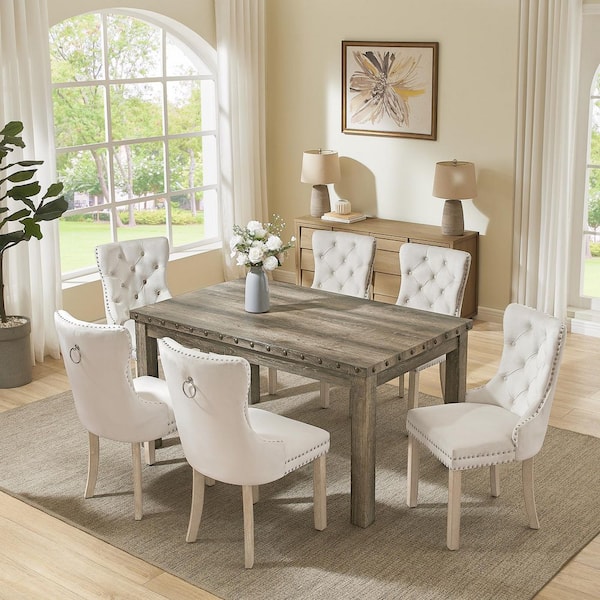 Vintage 7-Pieces Rectangular Weathered Gray Wood Dining Table Set with Velvet Beige Dinner Chair for Kitchen 6 Seats