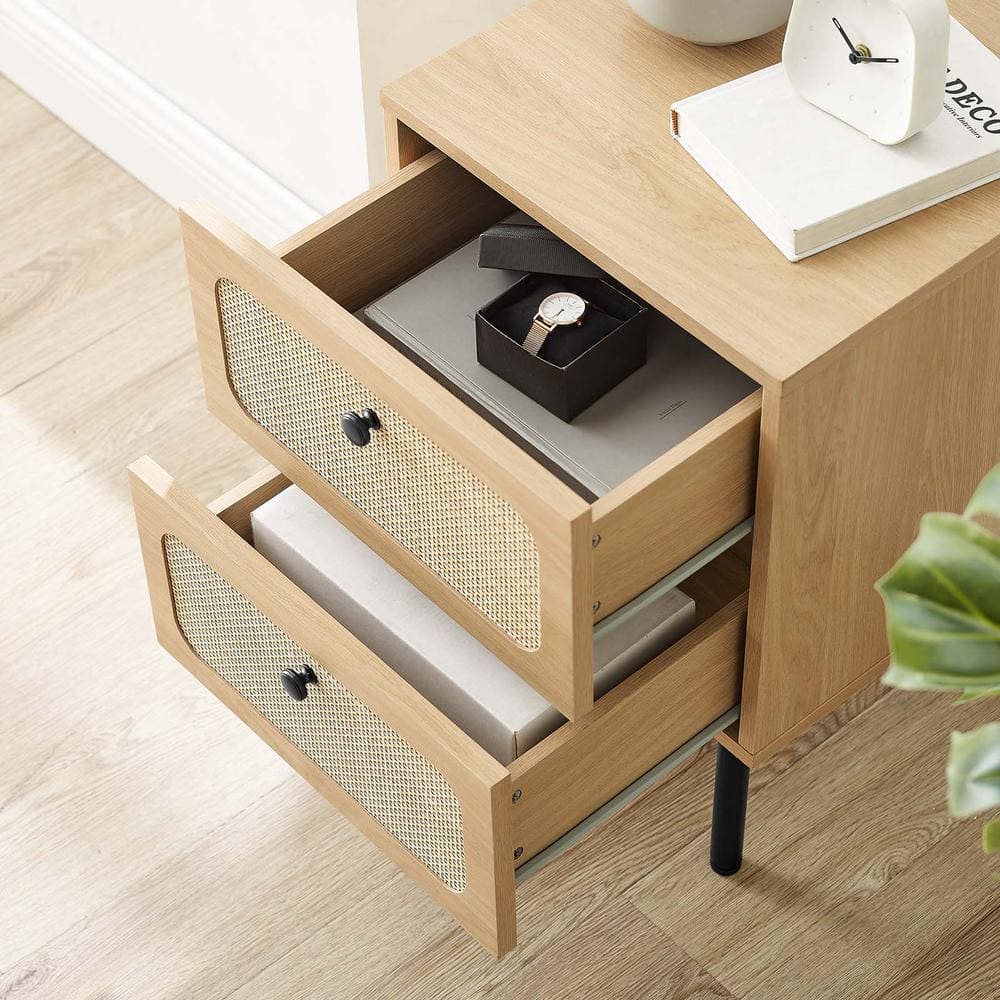 Oak and Rattan 2-Drawer Nightstand with Black Legs
