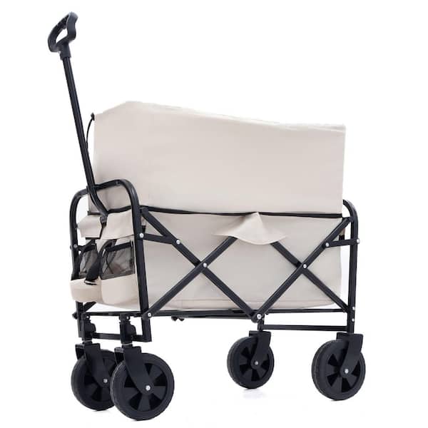 9.74 cu. ft. Cream Fabric Expandable Garden Cart Heavy Duty Folding Wagon Grocery Cart for Camping Shopping Fishing