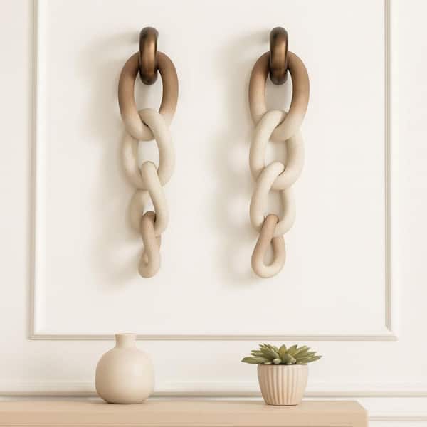 Brown/Ivory 7 in. x 28 in. Resin Hanging Wall Chain Sculpture (Set of 2)
