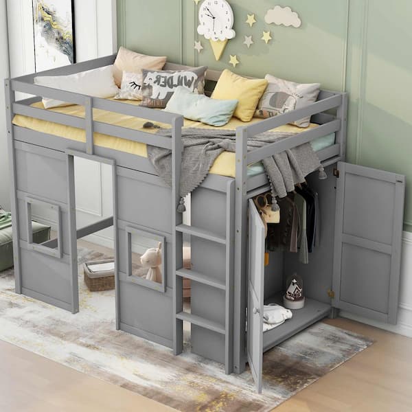 Gray Twin Size Wood Loft Bed with Built-in Storage Wardrobe and 2-Windows