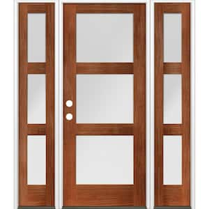 64 in. x 80 in. Modern Douglas Fir 3-Lite Right-Hand/Inswing Frosted Glass Red Chestnut Stain Wood Prehung Front Door