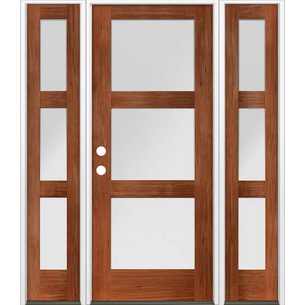 Krosswood Doors 64 in. x 80 in. Modern Hemlock 3-Lite Right-Hand/Inswing Frosted Glass Red Chestnut Stain Wood Prehung Front Door