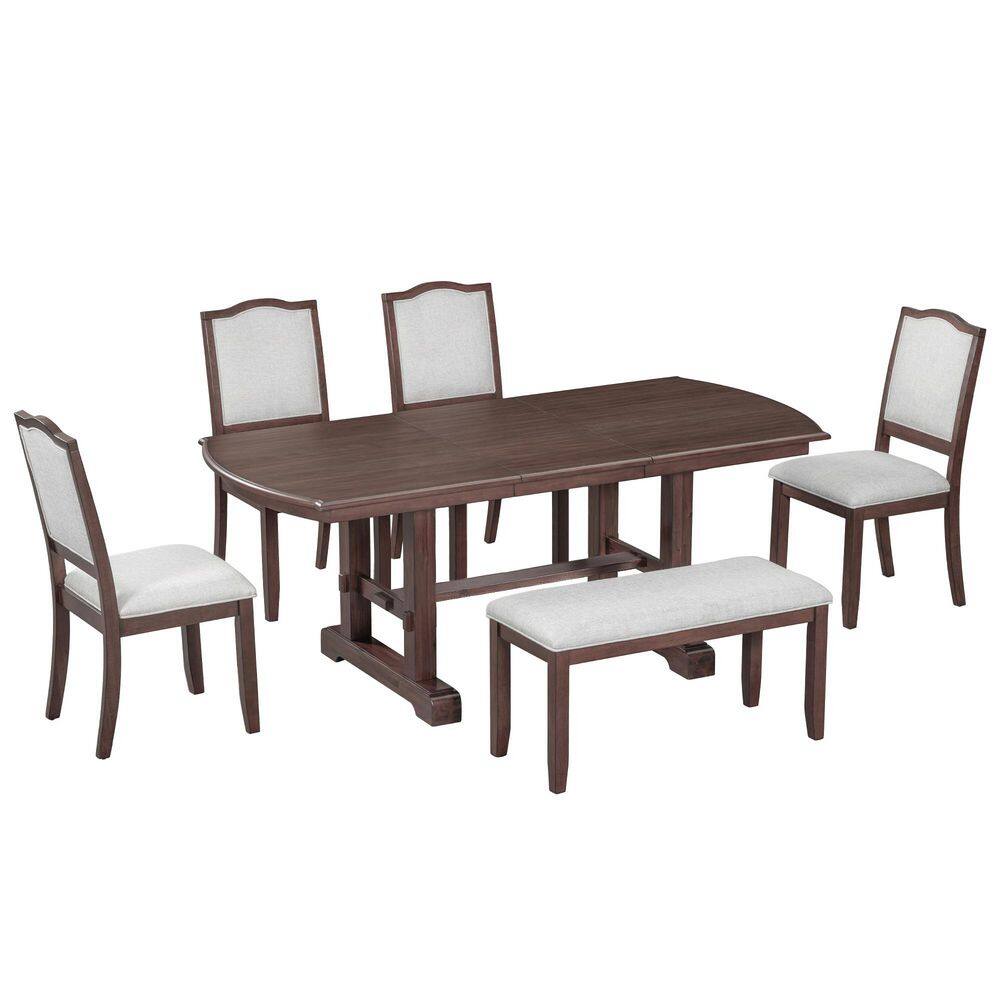 6-Piece Rectangular Cherry Wood Top Dining Table Set Seats 5 with 4 Upholstered Side Chair