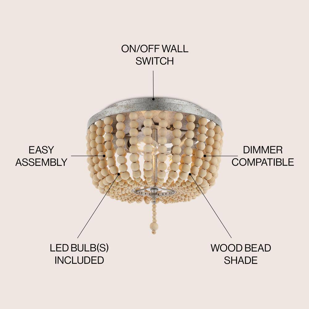 Antique Silver and Cream Wood Beaded Farmhouse Flush Mount Light