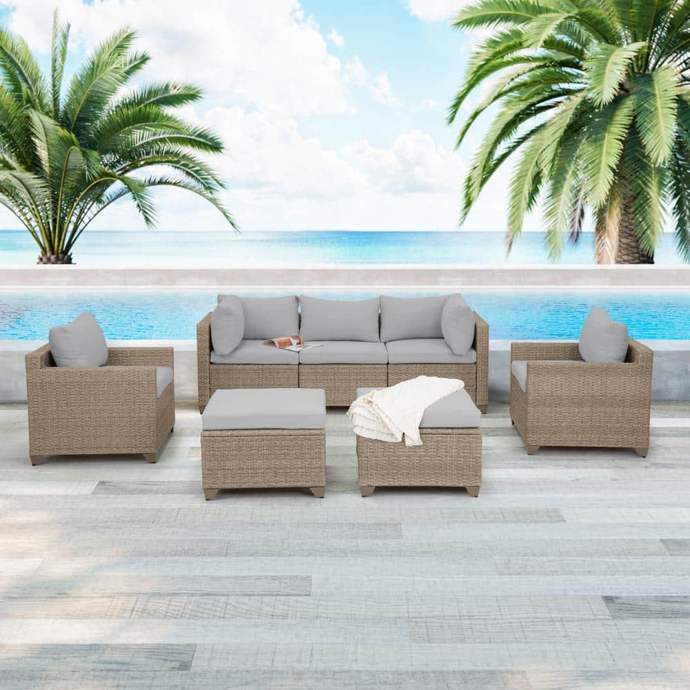 Maui 7-Piece Wicker Patio Conversation Set with Stone Cushions