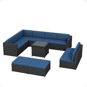 9-Piece Brown Wicker Outdoor Sectional with Blue Cushions and Ottoman