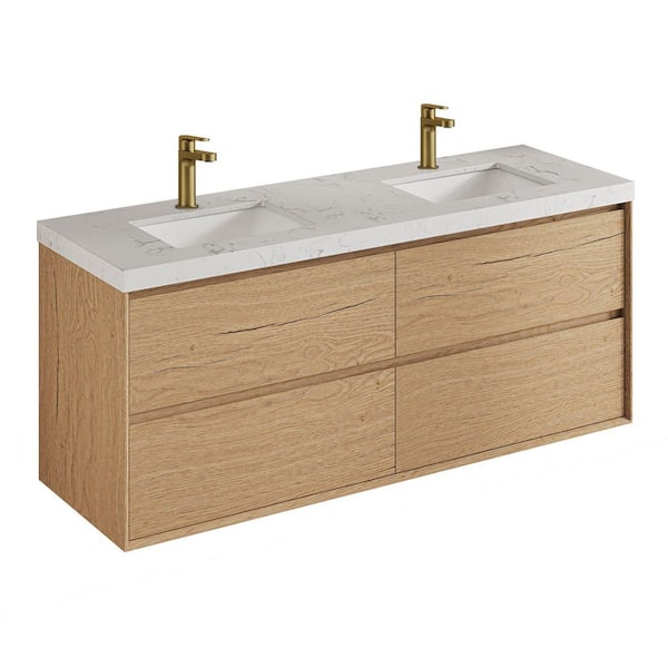 Aeroline 60 in. W x 19.29 in. D x 25.59 in. H Dual Sink Float Natural Oak Bath Vanity w/Sar White Engineered Stone Top