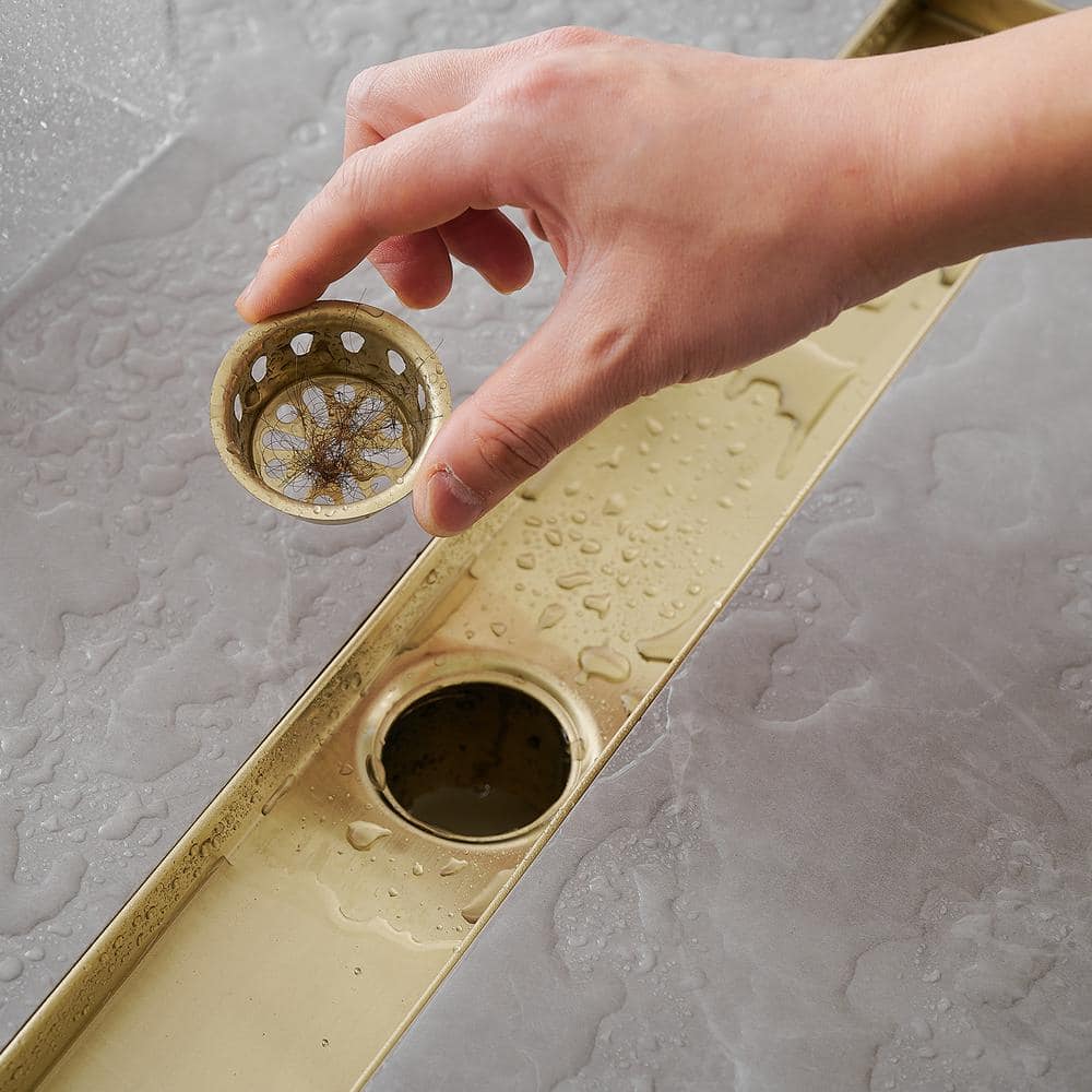 Brushed Gold 24-Inch Stainless Steel Linear Shower Drain with Square Pattern