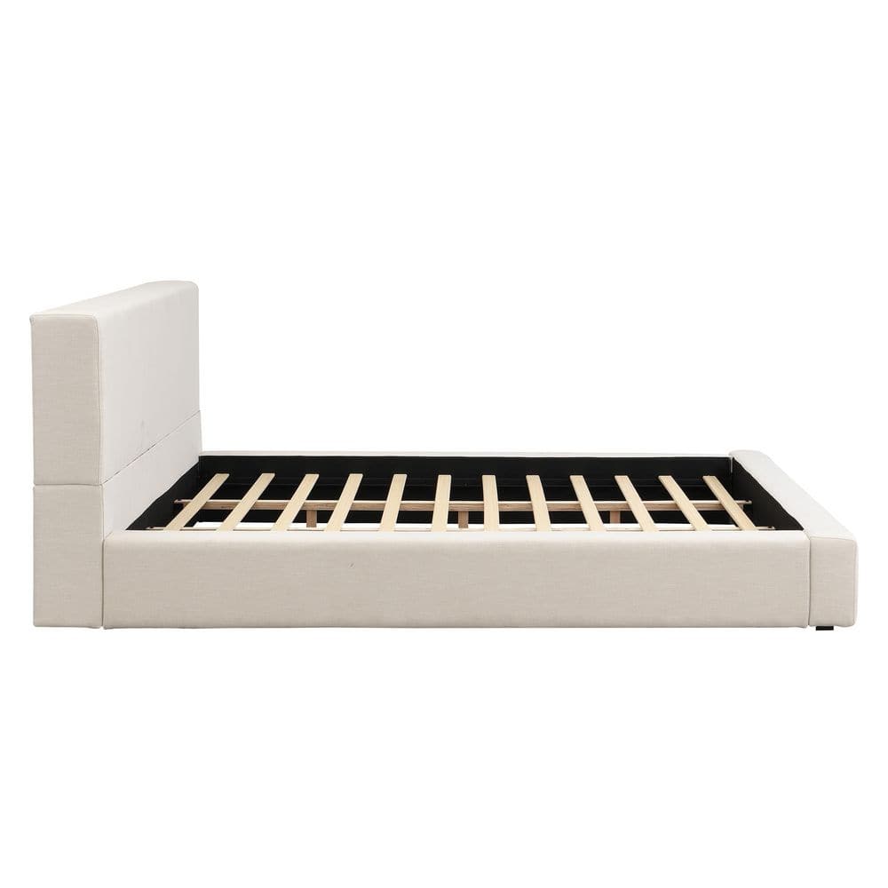 Feynor Modern Beige Linen Upholstered Wood Frame King Size Platform Bed with Thick Headboard - thumbnail 2