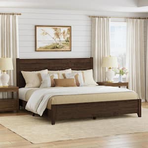 Echo 76 in. W Rustic Dark Brown Walnut Solid Wood Frame King Size Platform Bed Frame with Wooden Headboard Bed Frame