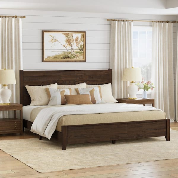 cozyman Echo 76 in. W Rustic Dark Brown Walnut Solid Wood Frame King Size Platform Bed Frame with Wooden Headboard Bed Frame