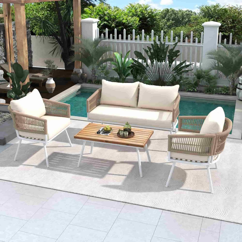 4-Piece Boho Rope Patio Furniture Sets-Acacia Wood Table, Wicker Frame, Out