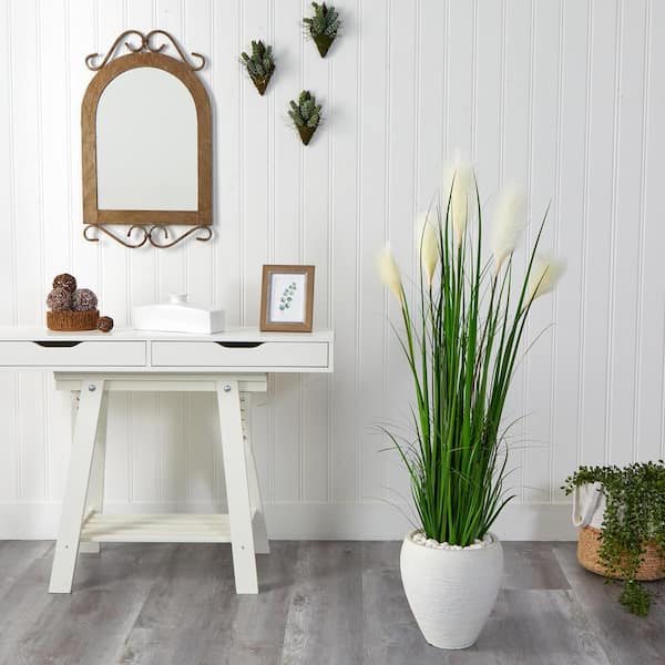 Nearly Natural 4.5 ft. Wheat Plume Grass Artificial Plant in White Planter
