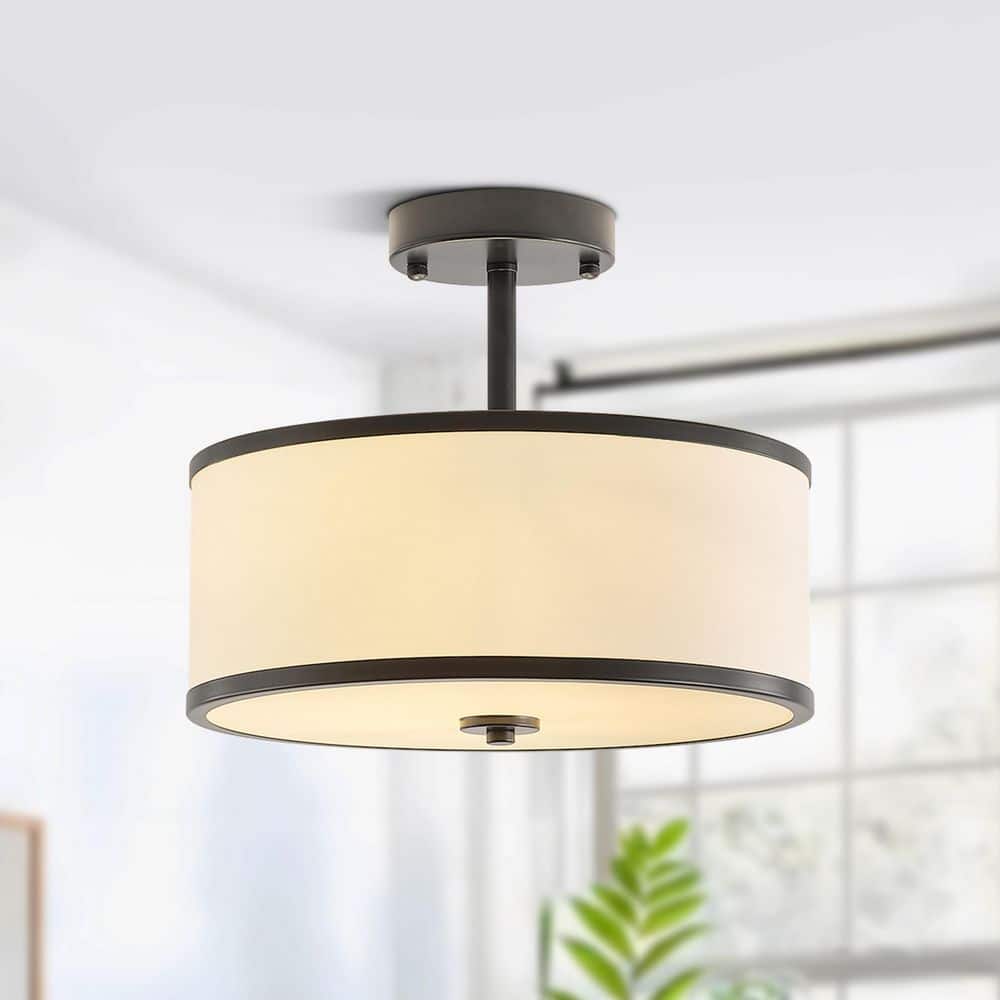 13 in. Modern Farmhouse Black 3-Light Semi Flush Mount Ceiling Light with White Fabric Drum Shade for Bedroom Hallway price history on PriceWatchPro
