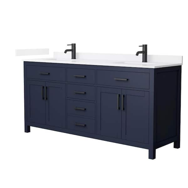 Wyndham Collection Beckett 72 in. Double Freestanding Dark Blue Bath Vanity with White Quartz Top (Assembled)