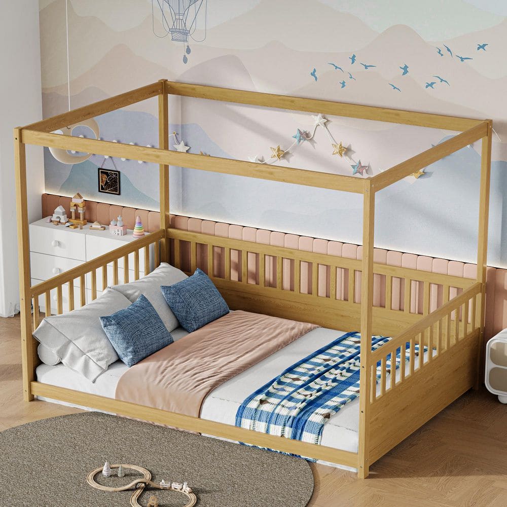 Crispin Montessori Kids Floor Bed Natural Brown Wood Frame Full Size Canopy Bed with Drop-Down Roof, Safety Rails price history on PriceWatchPro