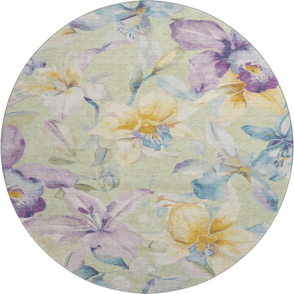 Mayfield Premium Machine Washable Abstract AMF2262 Aloe 8 ft. x 8 ft. Round Rug