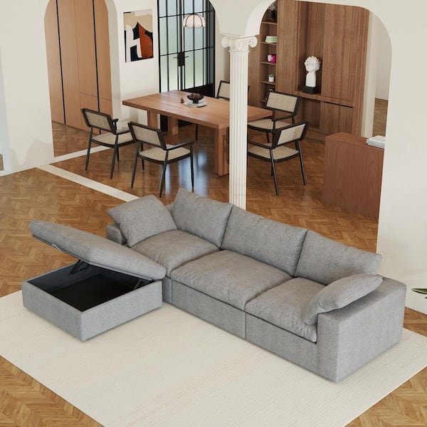 118 in. Square Arm 4-Piece Microfiber L-Shaped Sectional Sofa Cloud Couch in. Gray with Storage Ottoman, Washable Covers