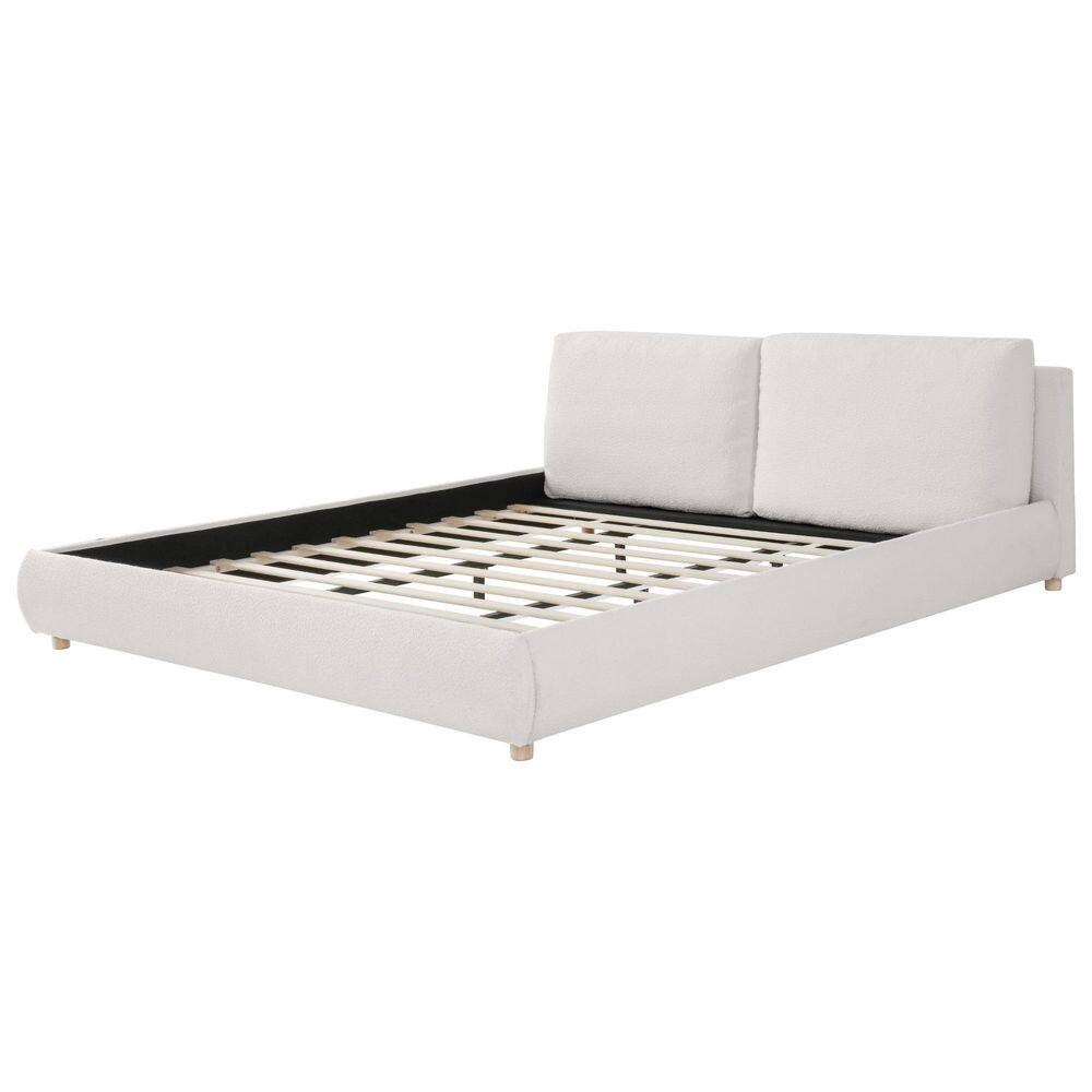White Wood Frame King Size Boucle Fabric Upholstered Platform Bed with 2-Removable Pillow Headboard - thumbnail 8