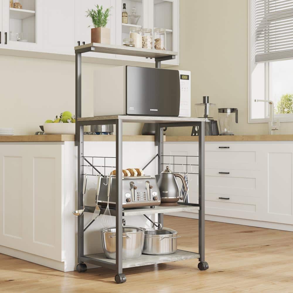 Vintage Light Grey 4-Tier Kitchen Bakers Rack with Wheels