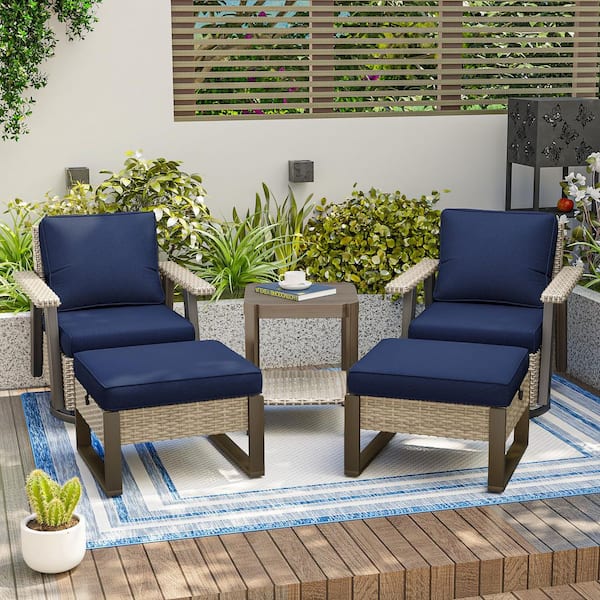 5-Piece Wicker Outdoor Lounge Chair Patio Swivel Glider Set with Blue Cushions and Ottomans