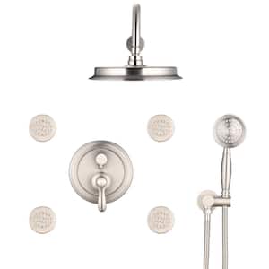 3-Spray 9 in. Dual Wall Mount Fixed and Handheld Shower Head 2.5 GPM in Brushed Nickel with 4 Body Jet