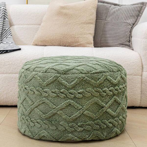 Suede Sage Green Plush Fiber Upholstered Round Foam Pouf Ottoman