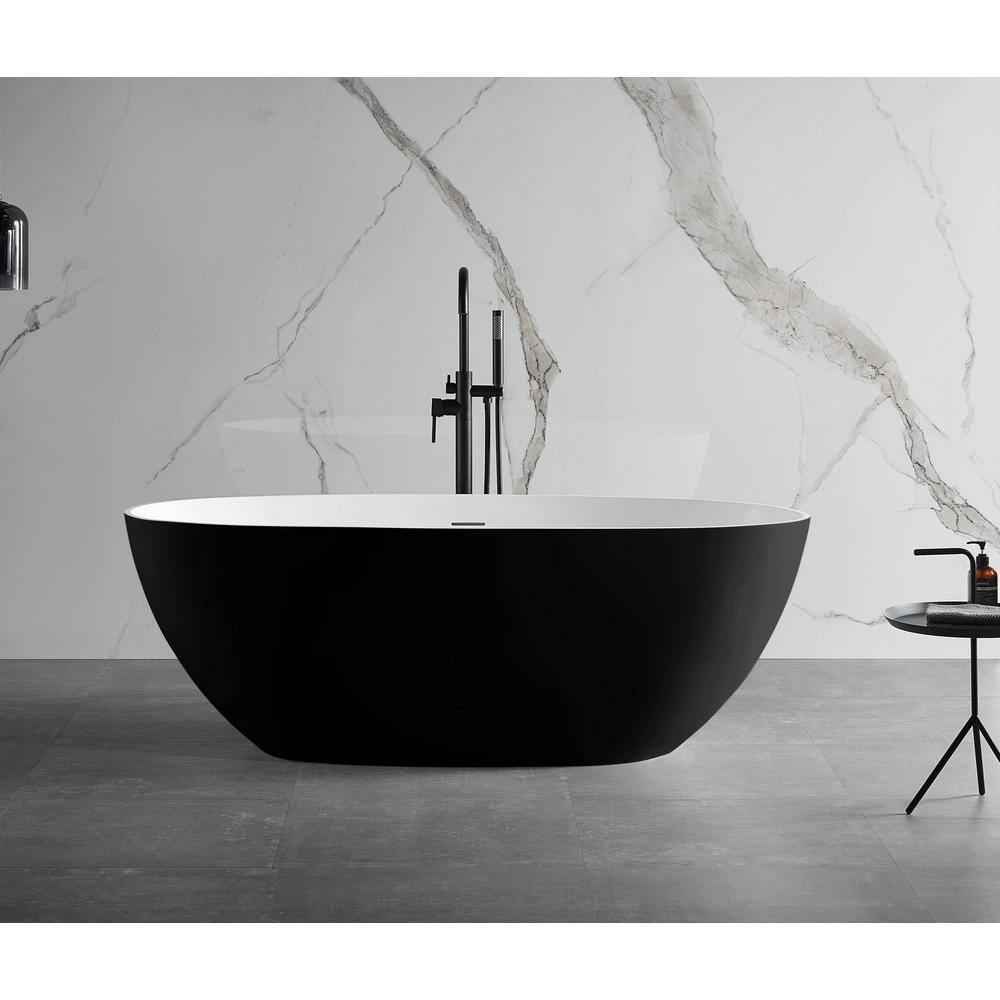 61.61'' Black and White Freestanding Resin Soaking Bathtub