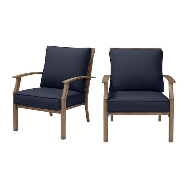 Hampton Bay Geneva Brown Wicker And Metal Outdoor Patio Lounge Chair With Cushionguard Midnight Navy Blue Cushions 2 Pack Frs60704 2pmid The Home Depot - Brown Metal Patio Chairs With Cushions