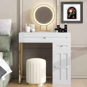 2-Drawers White/Gold Makeup Vanity Table Wooden Dressing Desk with 3 Lighting Modes Mirror, 1 Cabinet