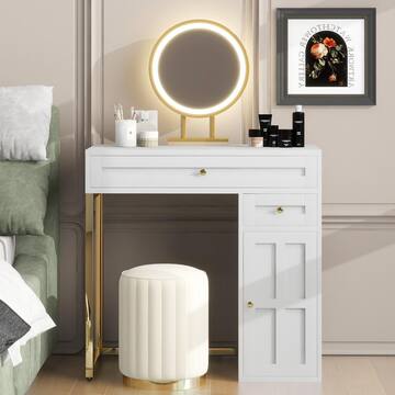 Polibi 2-Drawers White/Gold Makeup Vanity Table Wooden Dressing Desk with 3 Lighting Modes Mirror, 1 Cabinet RS-39578306K