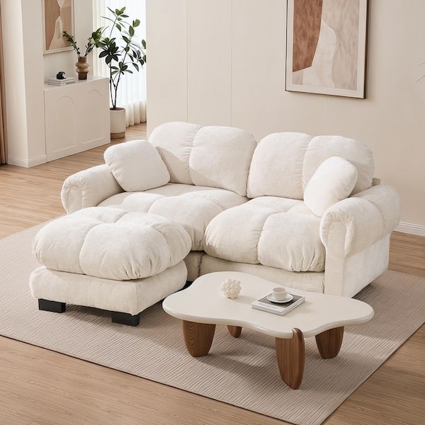 Lamont 76.3 in. Round Arms Chenille L-Shaped Sectional Sofa in Cream Beige with Exquisite Pillows, Movable Ottoman